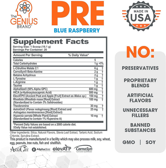 Genius Brand Pre Workout Powder and Micronized Creatine Monohydrate Stack - Blue Razz Flavor and All Natural Unflavored Supplement