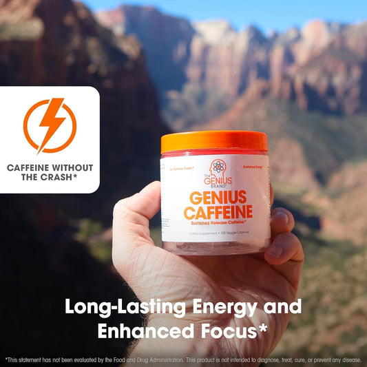 Genius Caffeine Pills - 100mg Extended-Release Microencapsulated Supplement for Sustained Energy, Focus, and Brain Booster - 100 Capsules
