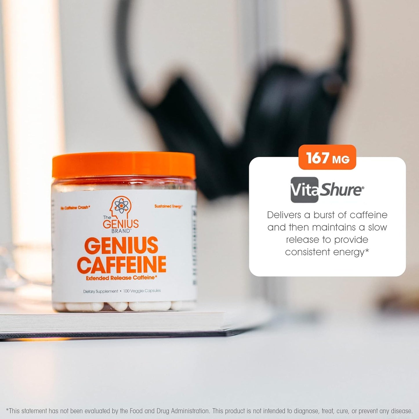 Genius Caffeine Pills - 100mg Extended-Release Microencapsulated Supplement for Sustained Energy, Focus, and Brain Booster - 100 Capsules