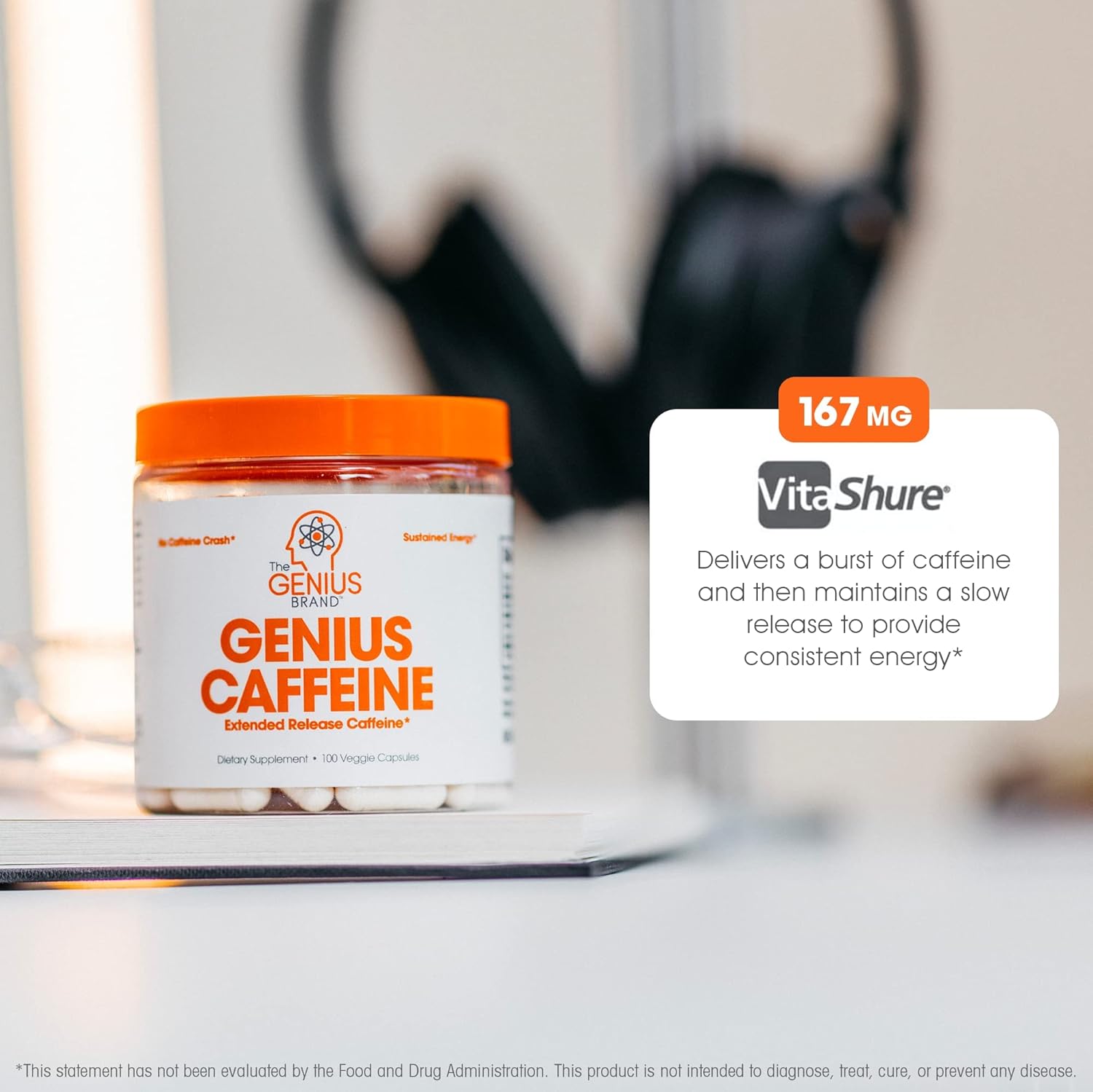 Genius Caffeine Pills - 100mg Extended-Release Microencapsulated Supplement for Sustained Energy, Focus, and Brain Booster - 100 Capsules