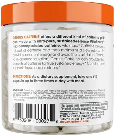 Genius Caffeine Pills - 100mg Extended-Release Microencapsulated Supplement for Sustained Energy, Focus, and Brain Booster - 100 Capsules