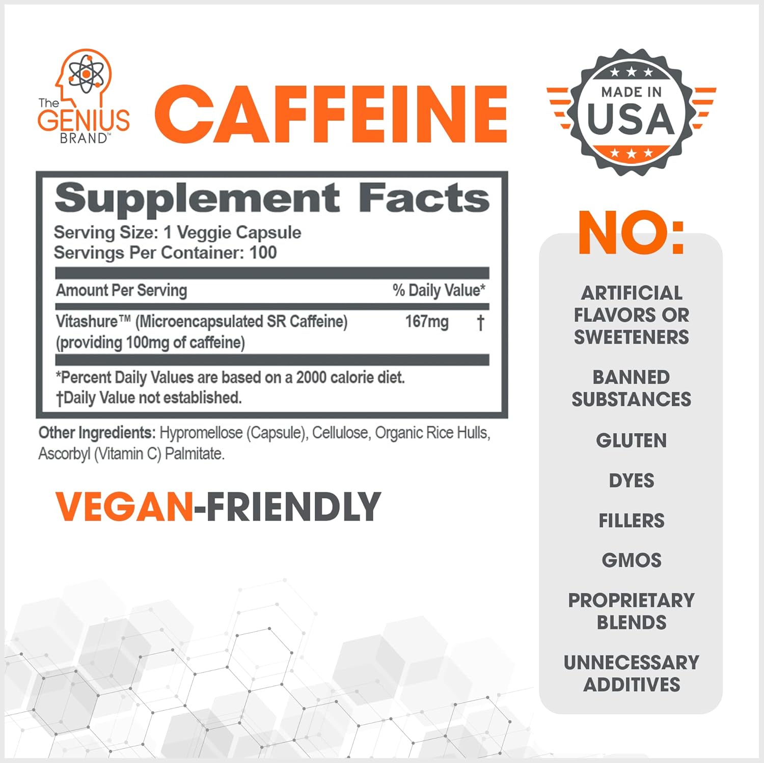 Genius Caffeine Pills 100mg - Extended-Release Microencapsulated Energy Supplement - Nootropic Brain Booster with Sustained Focus & Concentration - 100 Capsules