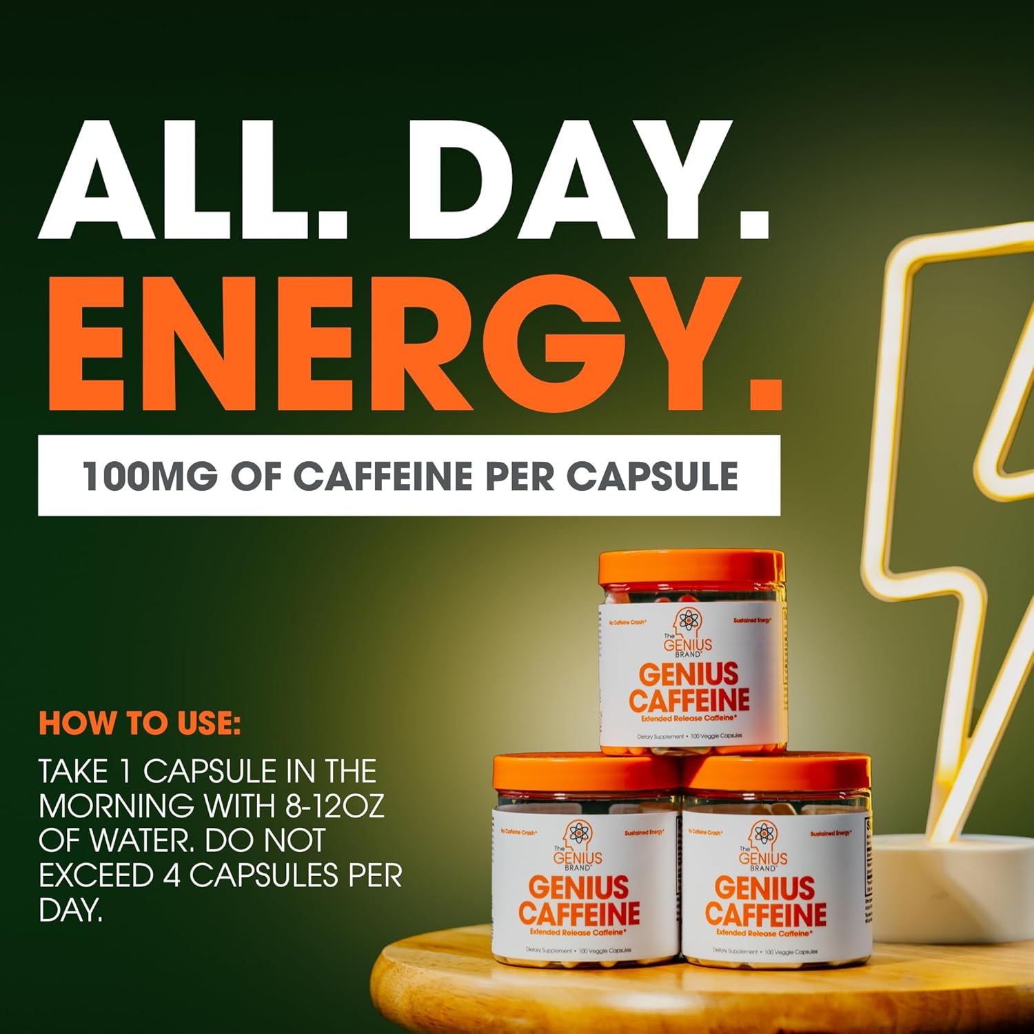 Genius Caffeine Pills 100mg - Extended-Release Microencapsulated Energy Supplement - Nootropic Brain Booster with Sustained Focus & Concentration - 100 Capsules