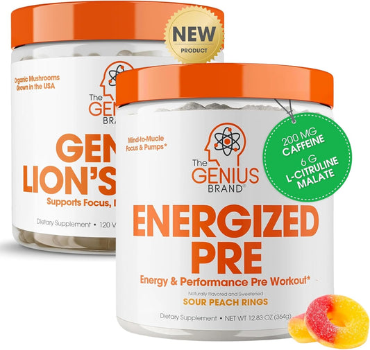 Genius Energized Pre Workout & Lion’s Mane Supplement Bundle - Boost Wellness and Workout Performance with Premium Ingredients