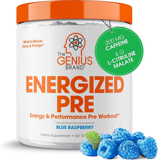 Genius Energized Pre-Workout Powder, Blue Raspberry Flavor - Beta Alanine & Alpha GPC Supplement with 200mg Caffeine - No Artificial Sweeteners