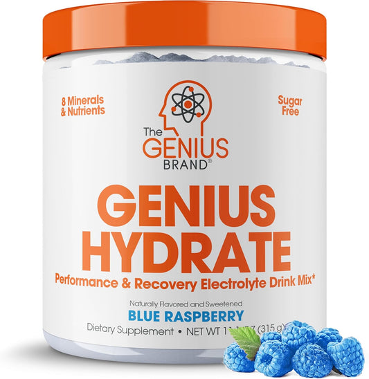 Genius Hydrate Powder Blue Raspberry - 50 Servings, Electrolyte Hydration Booster with Coconut Water, Potassium, Magnesium, Zinc - Sugar Free