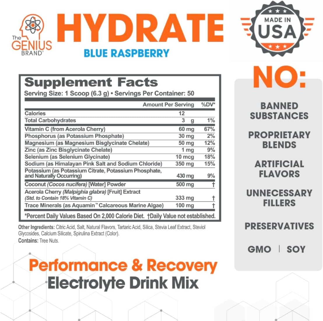 Genius Hydrate Powder Blue Raspberry - 50 Servings, Electrolyte Hydration Booster with Coconut Water, Potassium, Magnesium, Zinc - Sugar Free