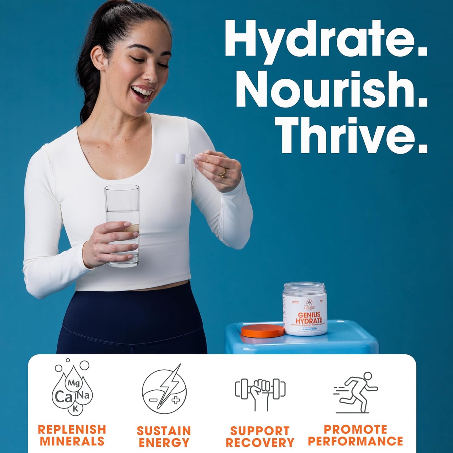 Genius Hydrate Powder Blue Raspberry - 50 Servings, Electrolyte Hydration Booster with Coconut Water, Potassium, Magnesium, Zinc - Sugar Free
