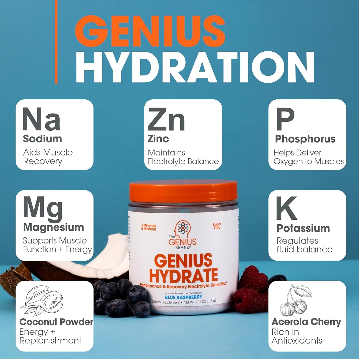Genius Hydrate Powder Blue Raspberry - 50 Servings, Electrolyte Hydration Booster with Coconut Water, Potassium, Magnesium, Zinc - Sugar Free