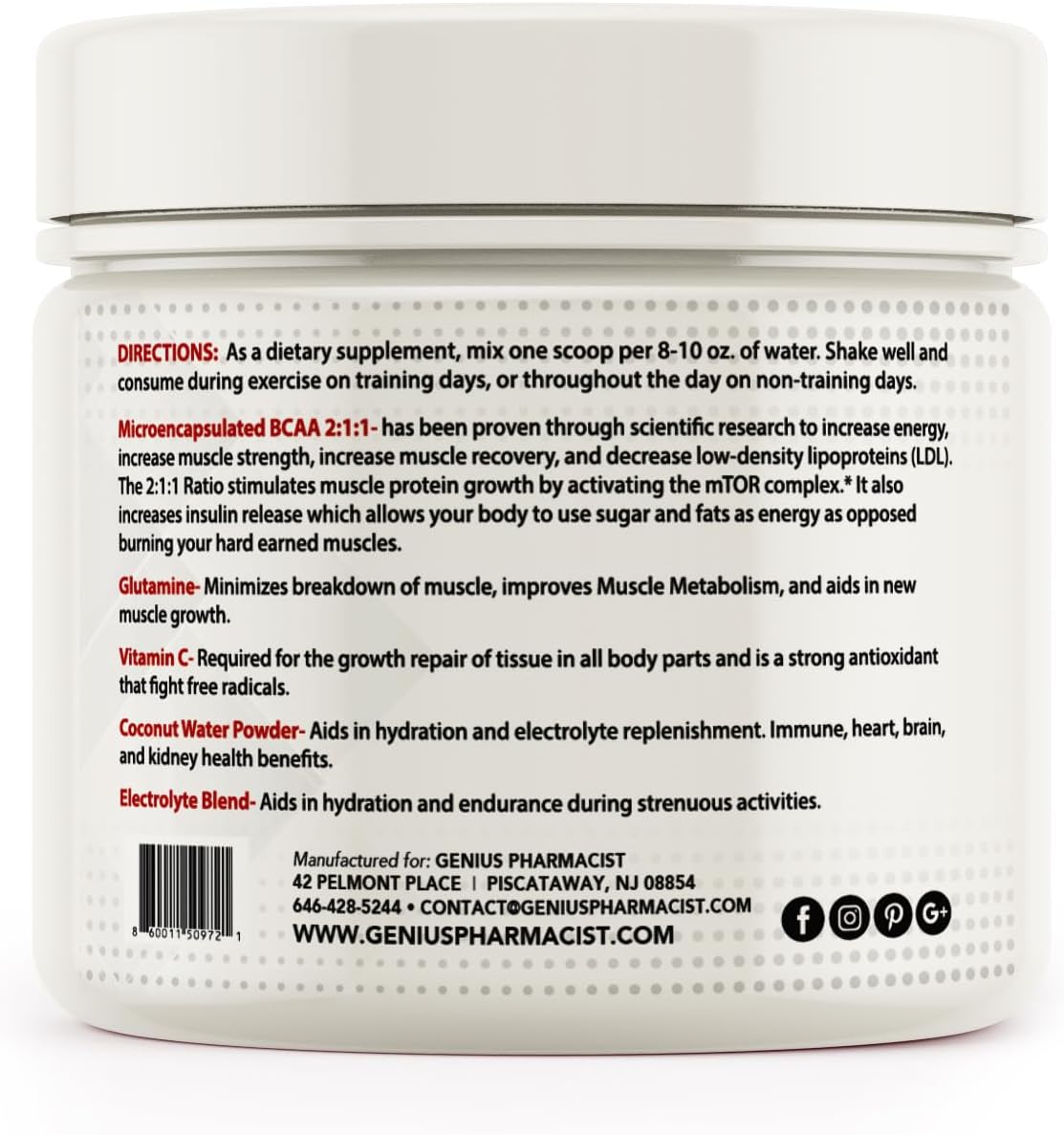 Genius Pharmacist BCAA Energy Powder for Lean Muscle Building - Watermelon Flavor, 30 Servings