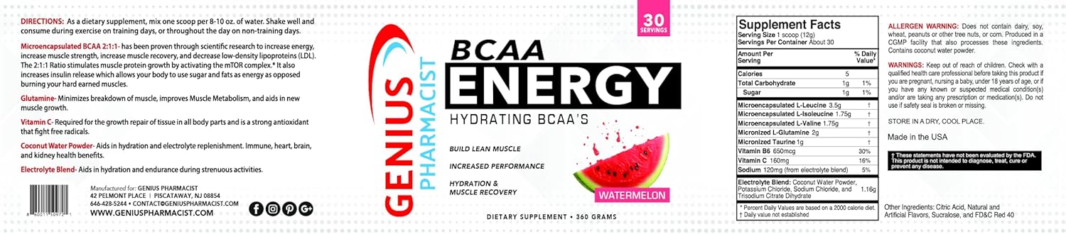 Genius Pharmacist BCAA Energy Powder for Lean Muscle Building - Watermelon Flavor, 30 Servings