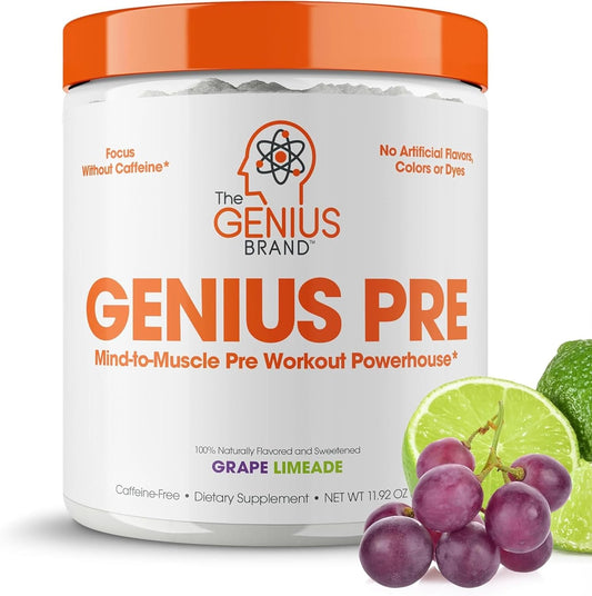Genius Pre Workout Powder, Grape Limeade - Natural Nootropic & Caffeine-Free Nitric Oxide Supplement