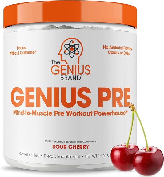 Genius Pre Workout Powder: Sour Cherry Flavor - Caffeine-Free Booster with Beta Alanine & Alpha GPC - No Artificial Sweeteners