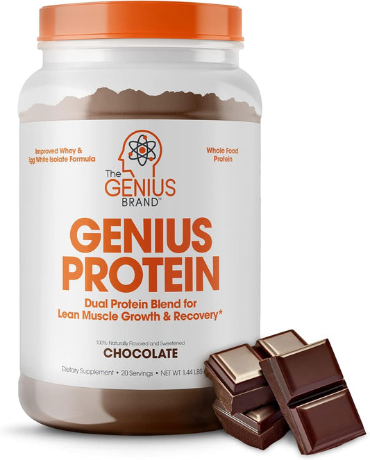 Genius Protein Powder, Chocolate - Dual Protein Blend for Lean Muscle Building - Grass-Fed Pre/Post Workout Shake