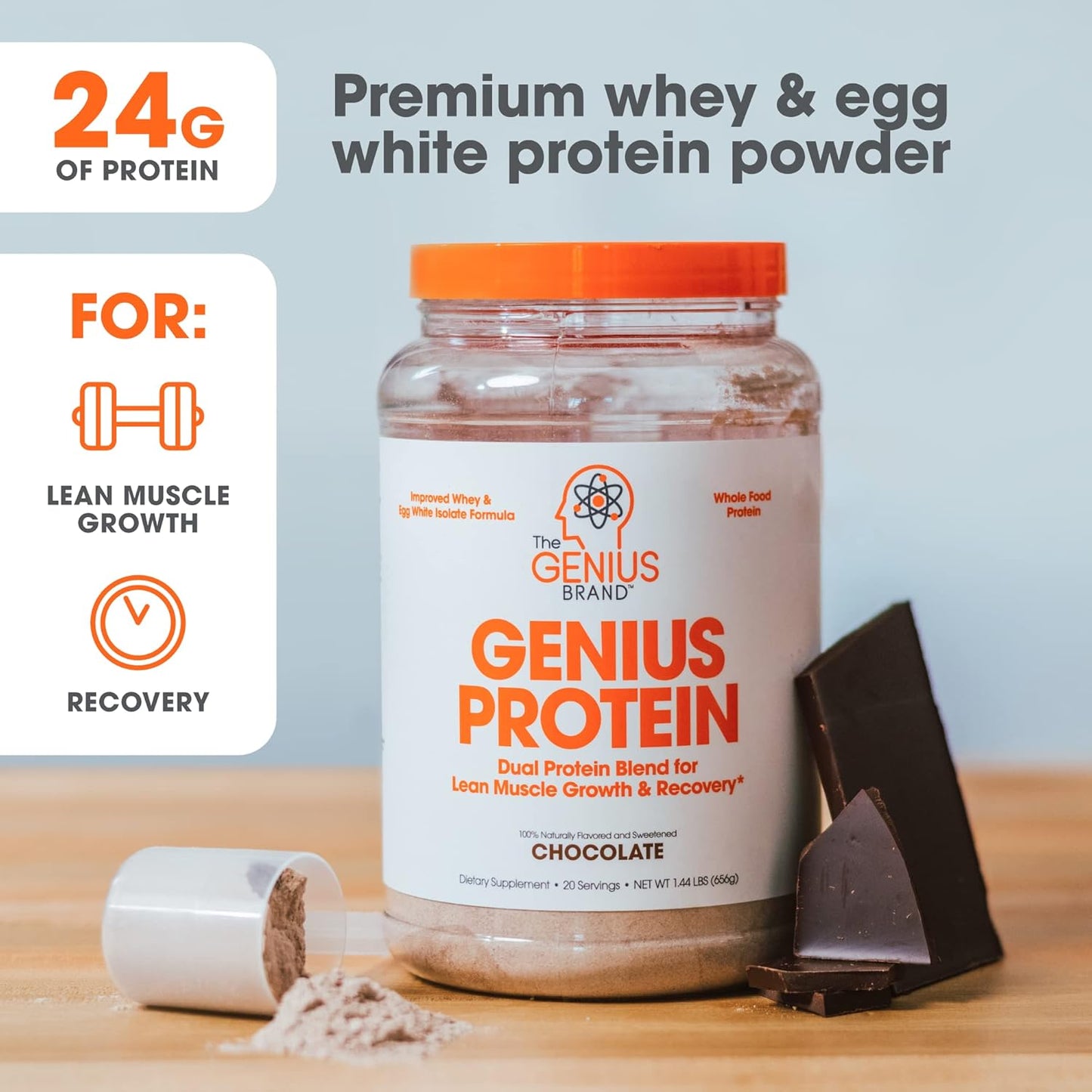Genius Protein Powder, Chocolate - Dual Protein Blend for Lean Muscle Building - Grass-Fed Pre/Post Workout Shake