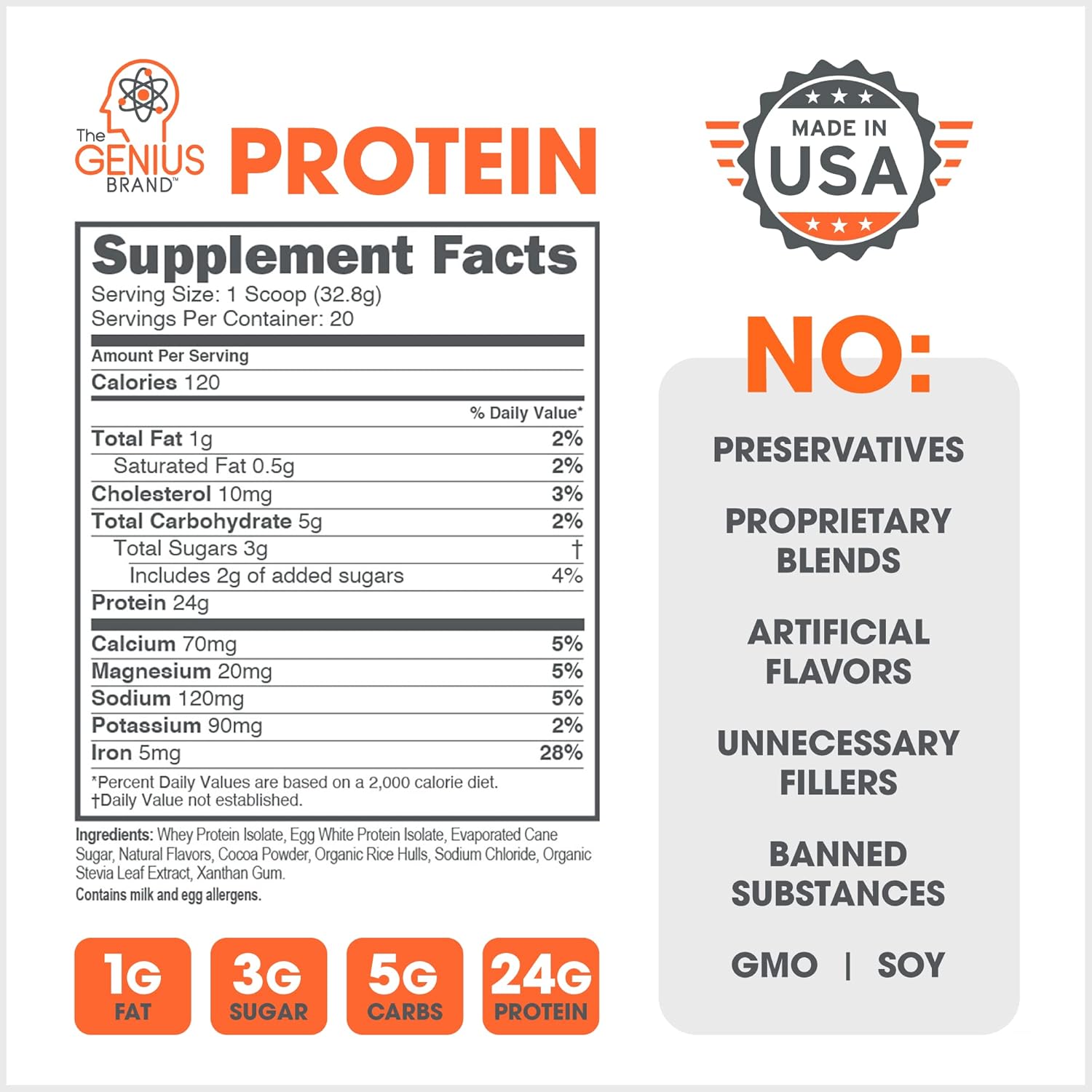 Genius Protein Powder, Chocolate - Dual Protein Blend for Lean Muscle Building - Grass-Fed Pre/Post Workout Shake