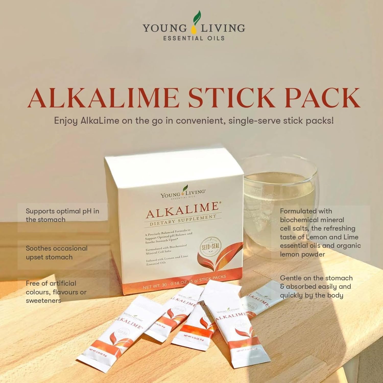 Gentle Digestive Wellness Supplement with Calcium, Potassium, & Sodium | Young Living AlkaLime Stick Packs | 30 ct