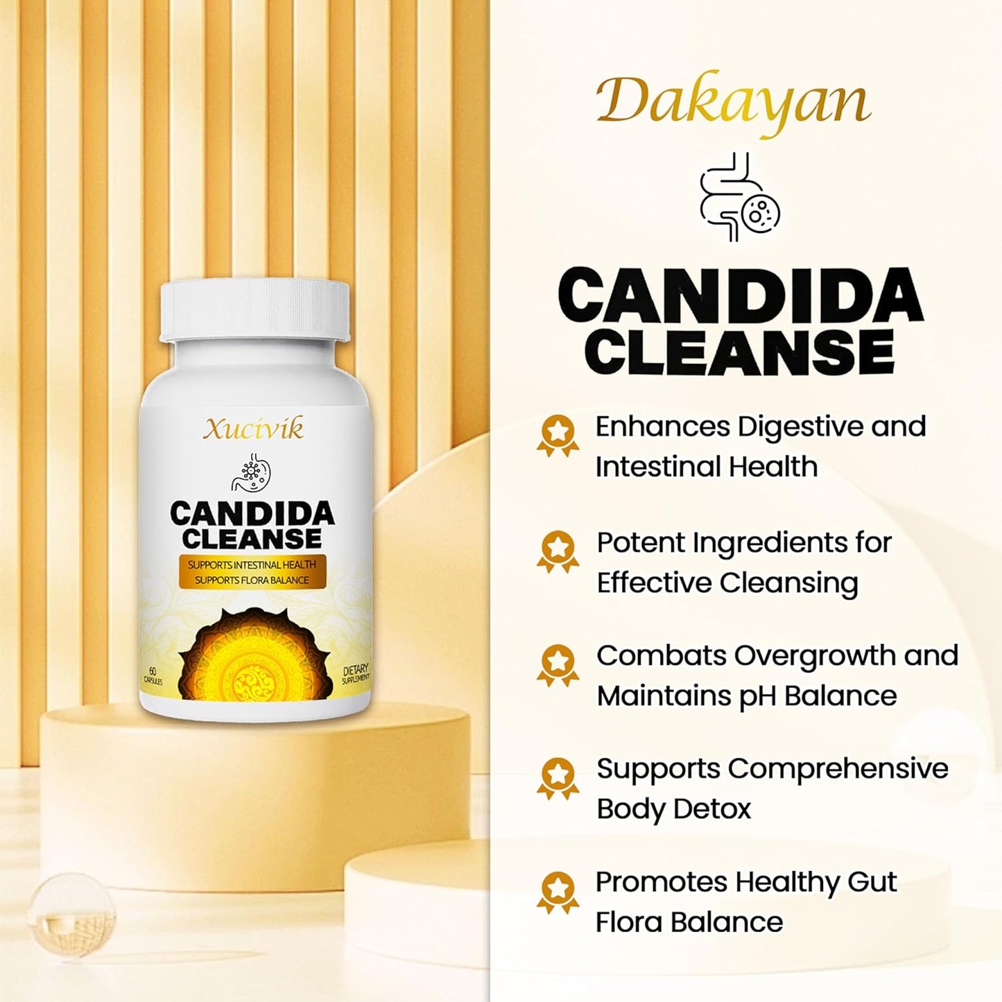 Gentle Gut & Digestive Support with Dakayan Central Natural Candida Cleanse Detox - Advanced Probiotic & Herbal Formula for Men & Women - 60 Capsules