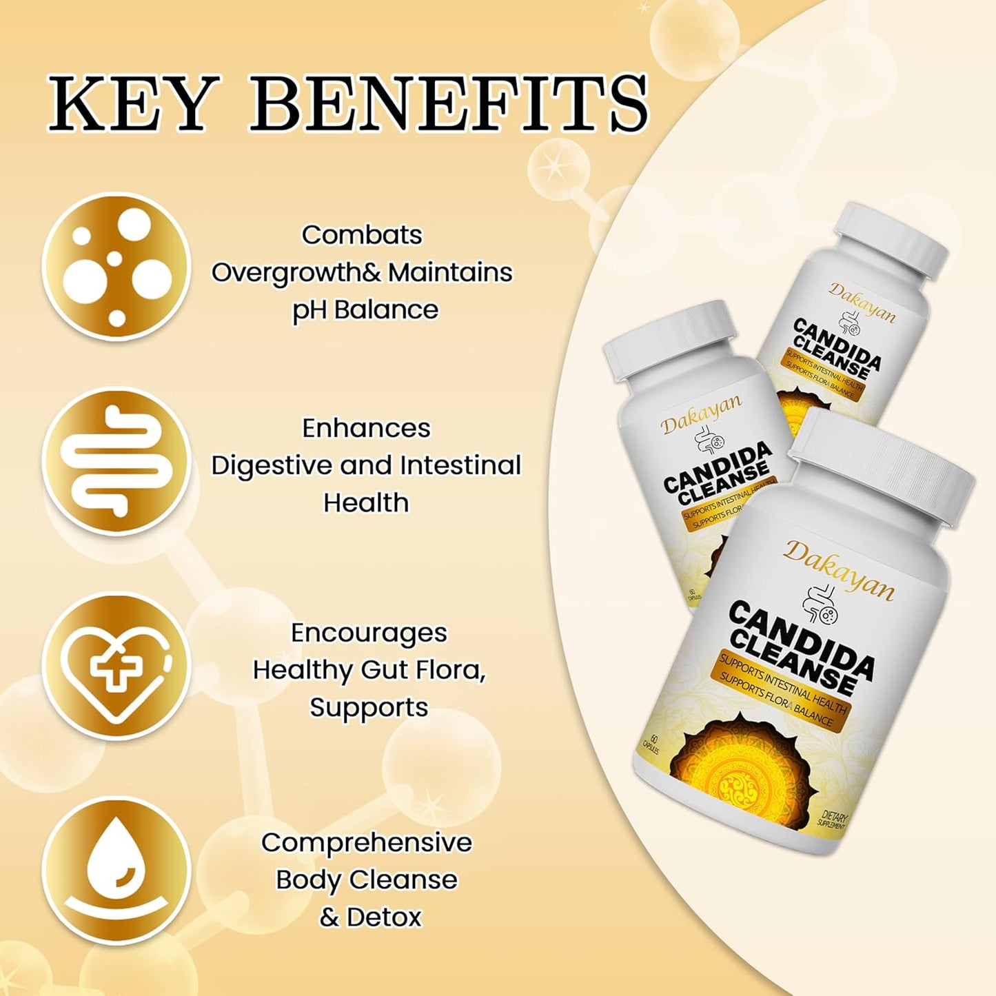Gentle Gut & Digestive Support with Dakayan Central Natural Candida Cleanse Detox - Advanced Probiotic & Herbal Formula for Men & Women - 60 Capsules