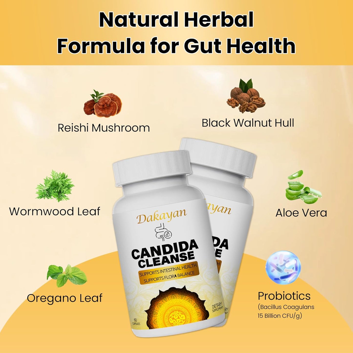 Gentle Gut & Digestive Support with Dakayan Central Natural Candida Cleanse Detox - Advanced Probiotic & Herbal Formula for Men & Women - 60 Capsules