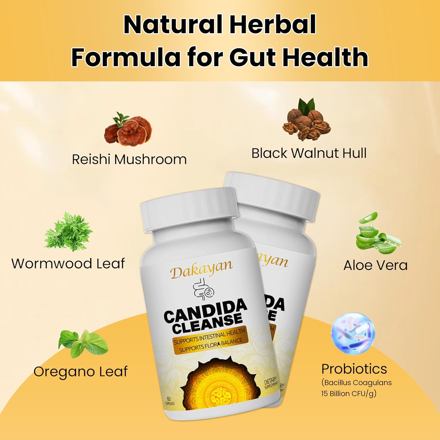 Gentle Gut & Digestive Support with Dakayan Central Natural Candida Cleanse Detox - Advanced Probiotic & Herbal Formula for Men & Women - 60 Capsules