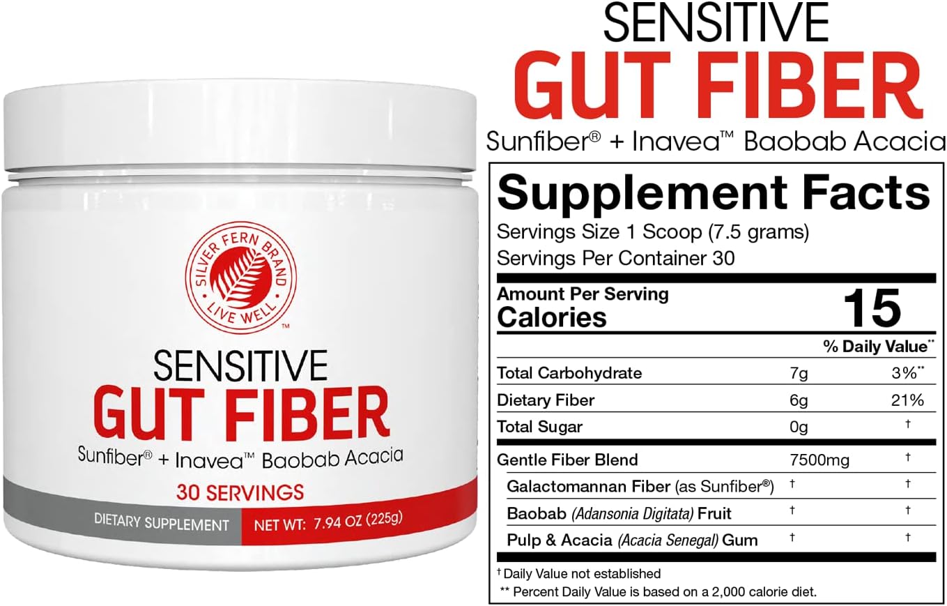 Gentle Gut Fiber Supplement with Galactomannan Guar Fiber - 30 Day Supply - 6g Dietary Fiber - Baobab Fruit & Acacia Fiber
