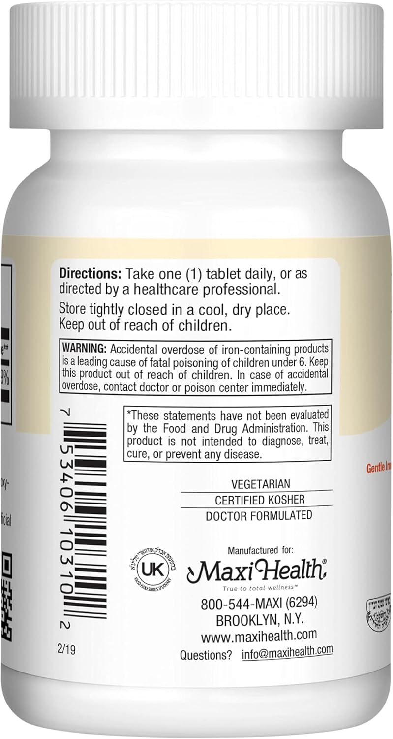 Gentle Iron 25 mg Supplement for Women & Men - Non Constipating Tablets - Kosher, Non GMO, Vegetarian - 100 Tablets