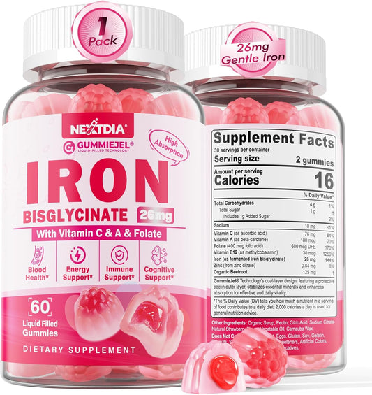 Gentle Iron Bisglycinate Gummies with Vitamin C, B12, Folate - Sugar-Free Vegan Supplement for Iron Deficiency, Immune & Energy Support - 60 Count