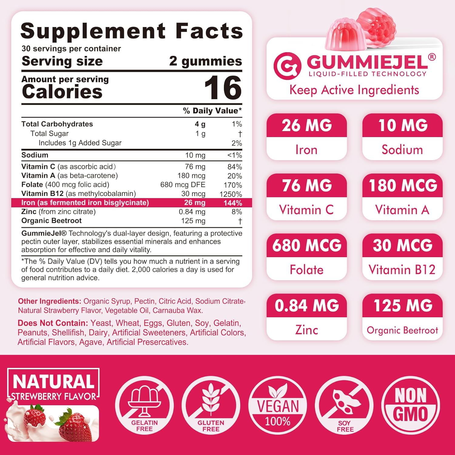 Gentle Iron Bisglycinate Gummies with Vitamin C, B12, Folate - Sugar-Free Vegan Supplement for Iron Deficiency, Immune & Energy Support - 60 Count