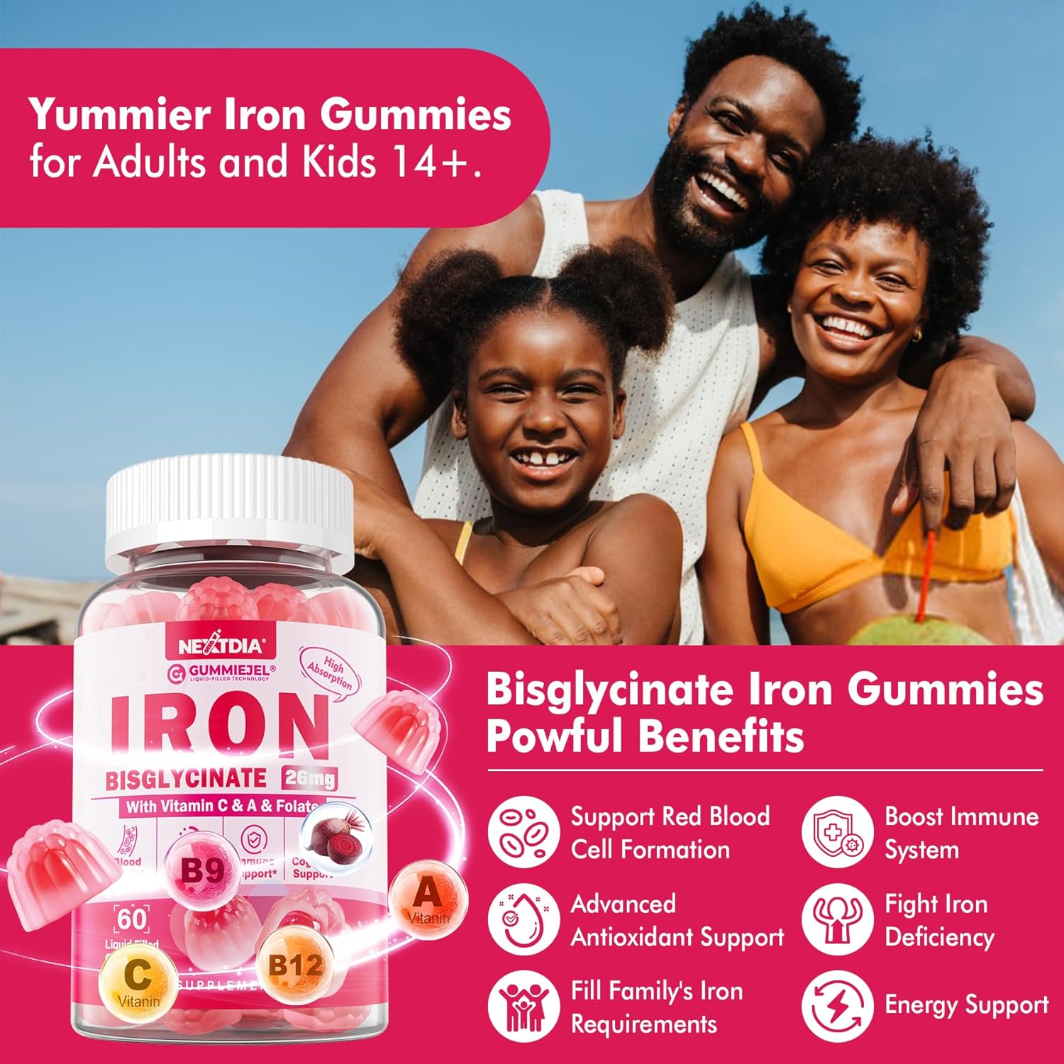 Gentle Iron Bisglycinate Gummies with Vitamin C, B12, Folate - Sugar-Free Vegan Supplement for Iron Deficiency, Immune & Energy Support - 60 Count