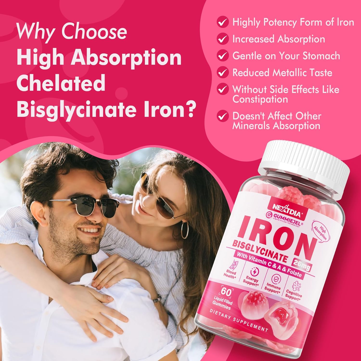 Gentle Iron Bisglycinate Gummies with Vitamin C, B12, Folate - Sugar-Free Vegan Supplement for Iron Deficiency, Immune & Energy Support - 60 Count