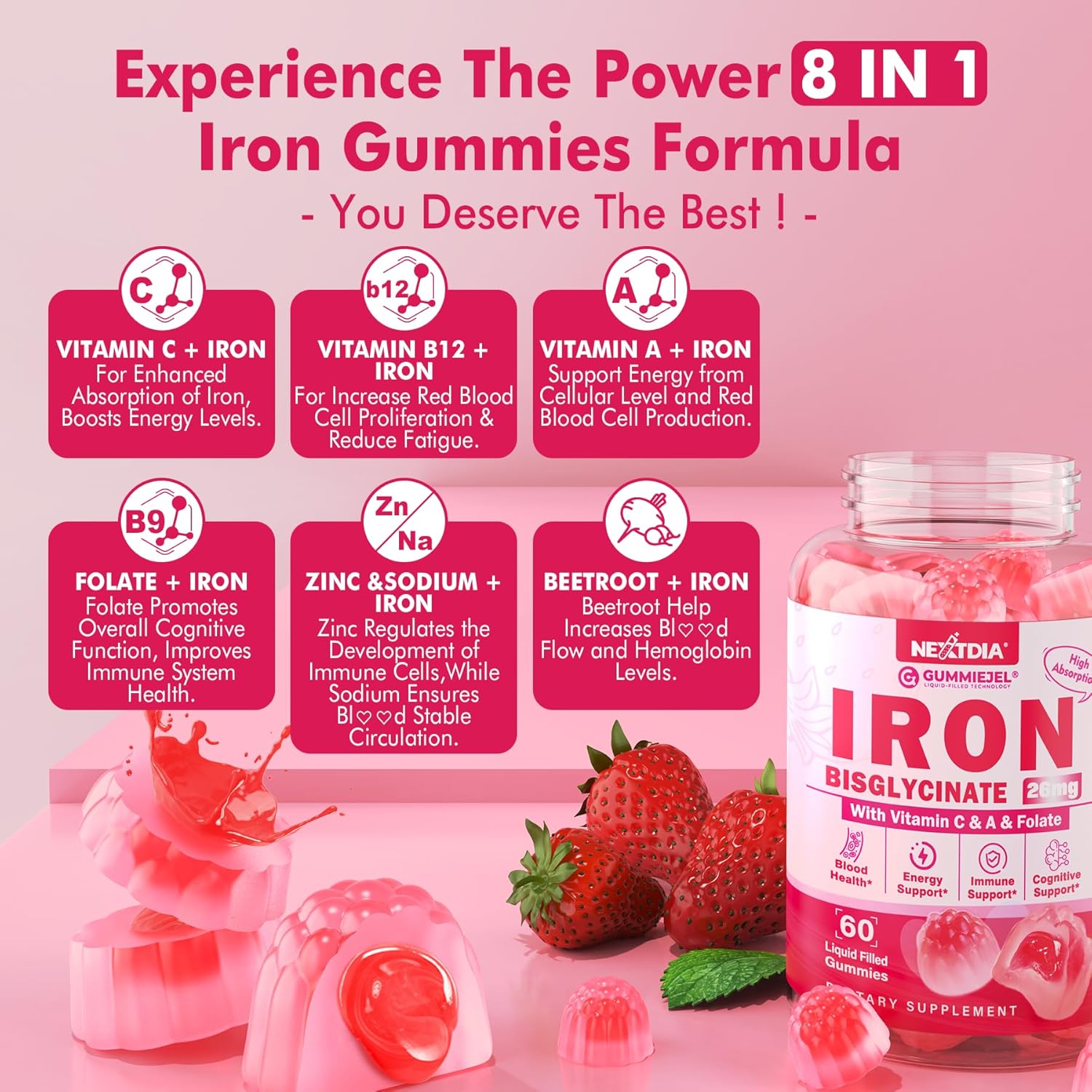 Gentle Iron Bisglycinate Gummies with Vitamin C, B12, Folate - Sugar-Free Vegan Supplement for Iron Deficiency, Immune & Energy Support - 60 Count