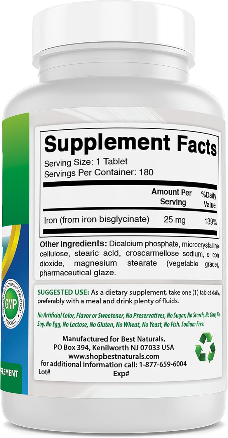 Gentle Iron Bisglycinate Supplement - 25mg - 180 Tablets - Non-Constipating Formula for Sensitive Stomachs
