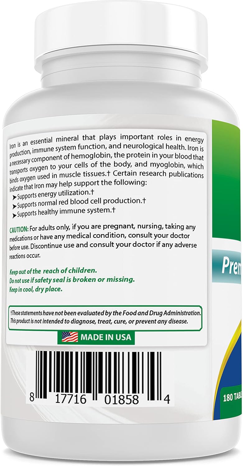 Gentle Iron Bisglycinate Supplement - 25mg - 180 Tablets - Non-Constipating Formula for Sensitive Stomachs