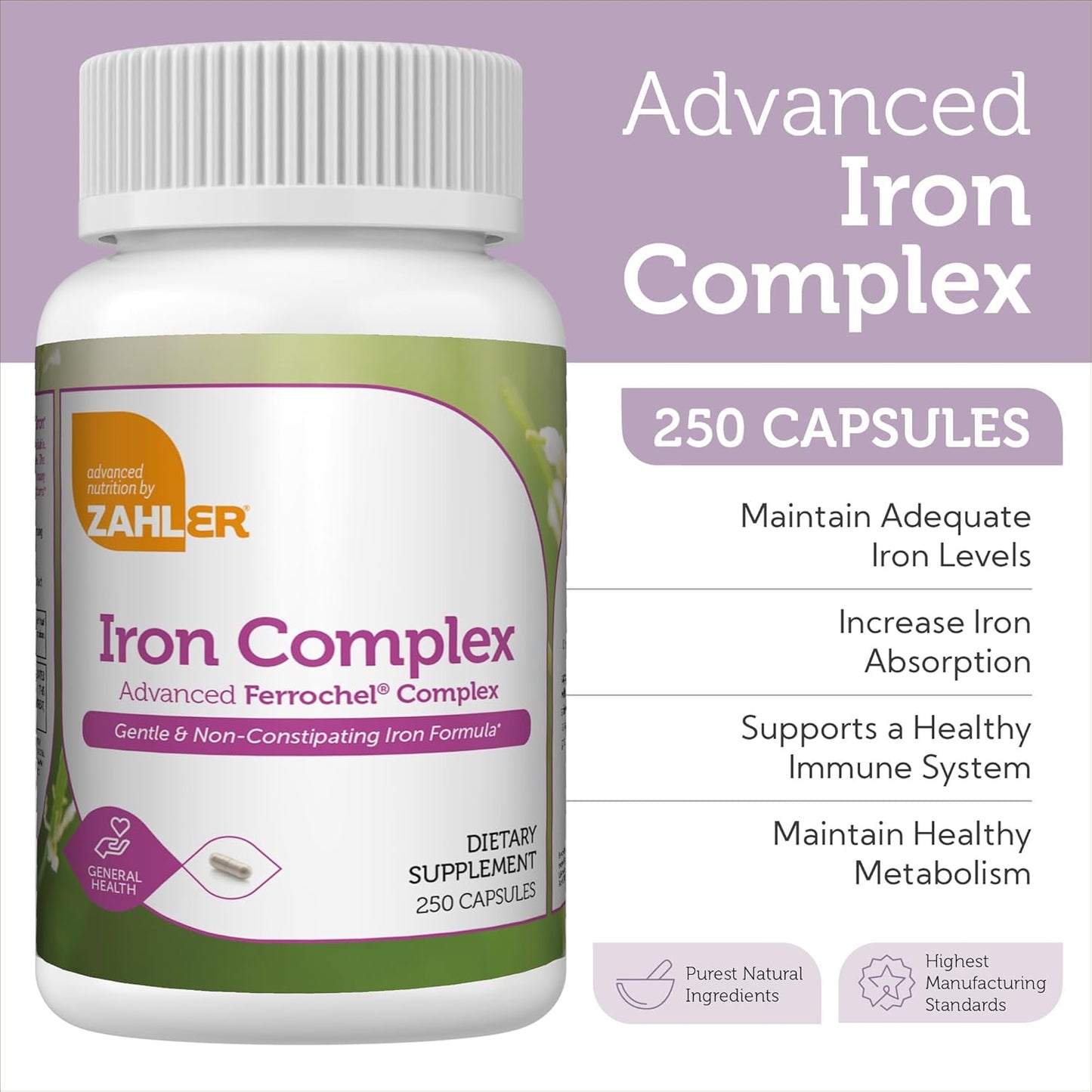 Gentle Iron Complex Supplement, 250 Capsules by Zahler - Non-Constipating Formula