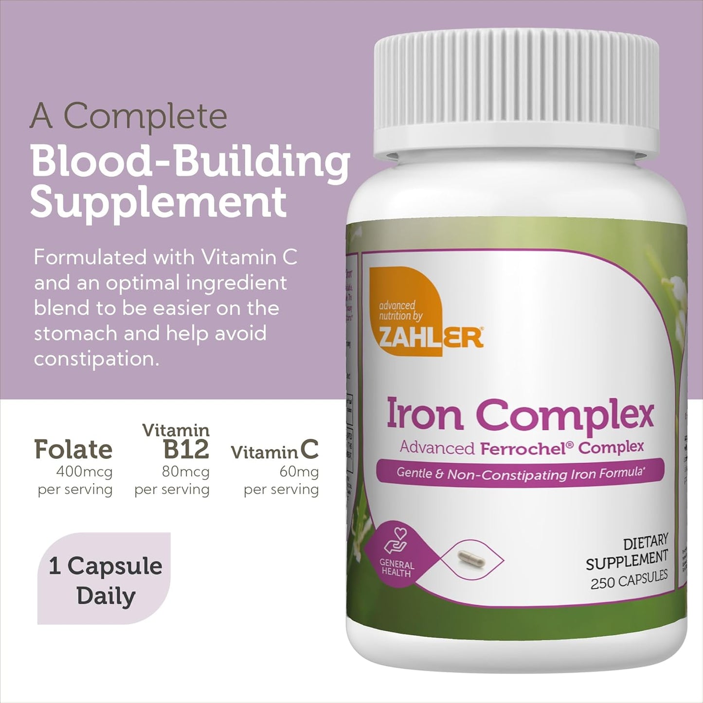Gentle Iron Complex Supplement, 250 Capsules by Zahler - Non-Constipating Formula