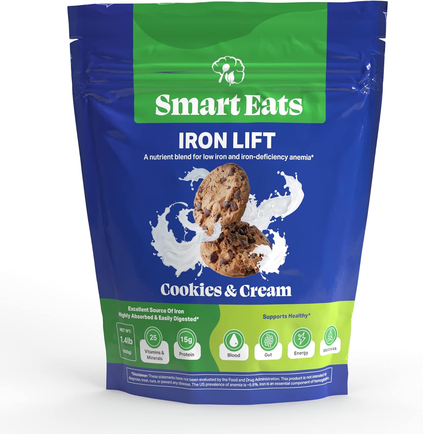 Gentle Iron Powder Supplement for More Energy, Hair, Skin, Digestion | Kids & Adults | Cookies & Cream Flavor | 30 Scoops