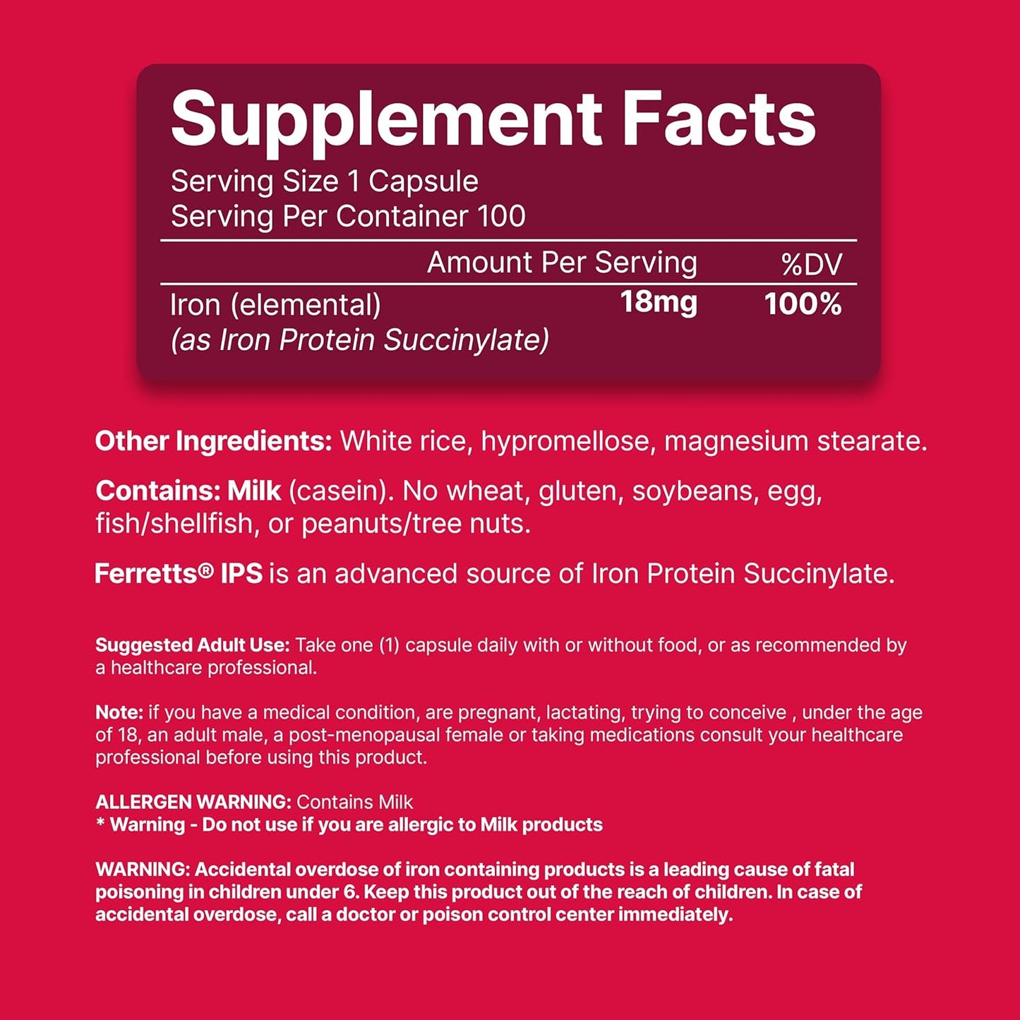 Gentle Iron Supplement Capsules 18mg - 100-Day Supply for Women & Men - Non-Constipating Anemia Support