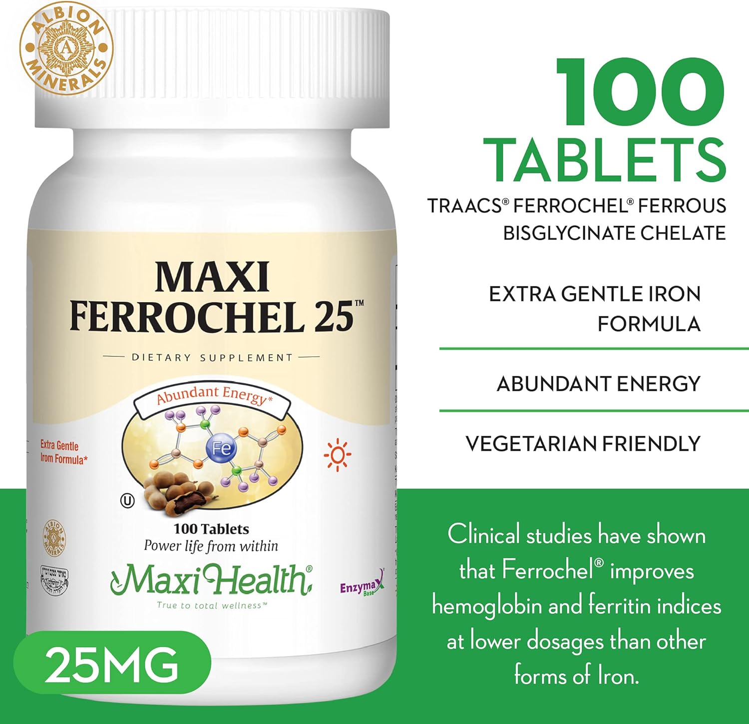 Gentle Iron Supplement for Anemia & Red Blood Cell Production - Ferrous Fumarate - 25 MG Chelated Iron Pills - 100 Kosher Tablets by Maxi Health