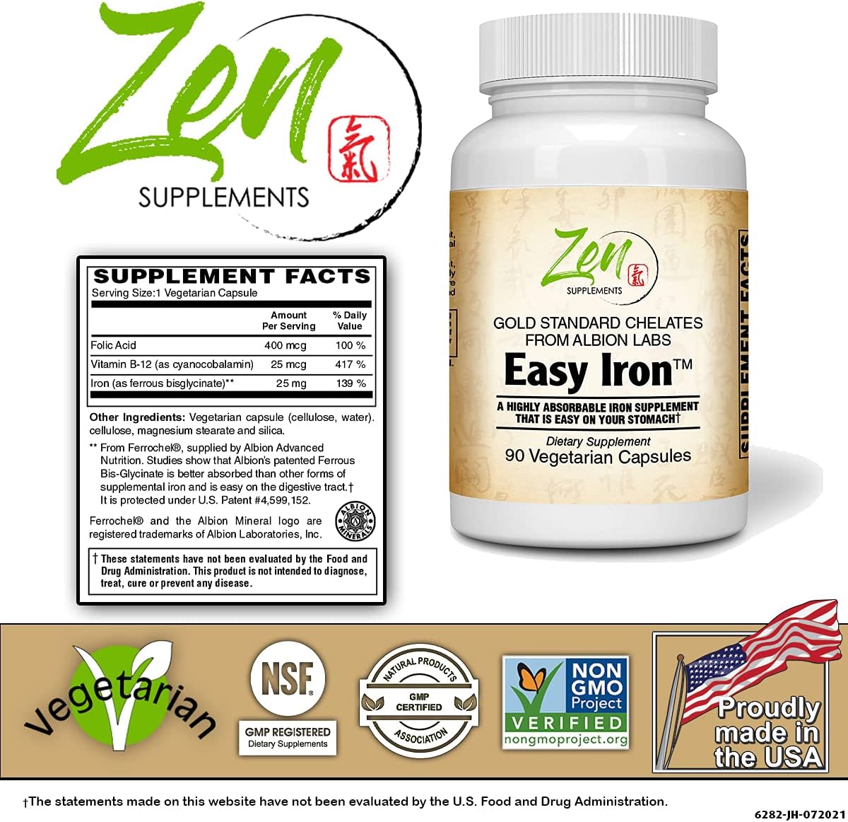 Gentle Iron Supplement for Sensitive Stomachs - 25 Mg - Non-Constipating - Red Blood Cell Support - 90 Vegan Capsules