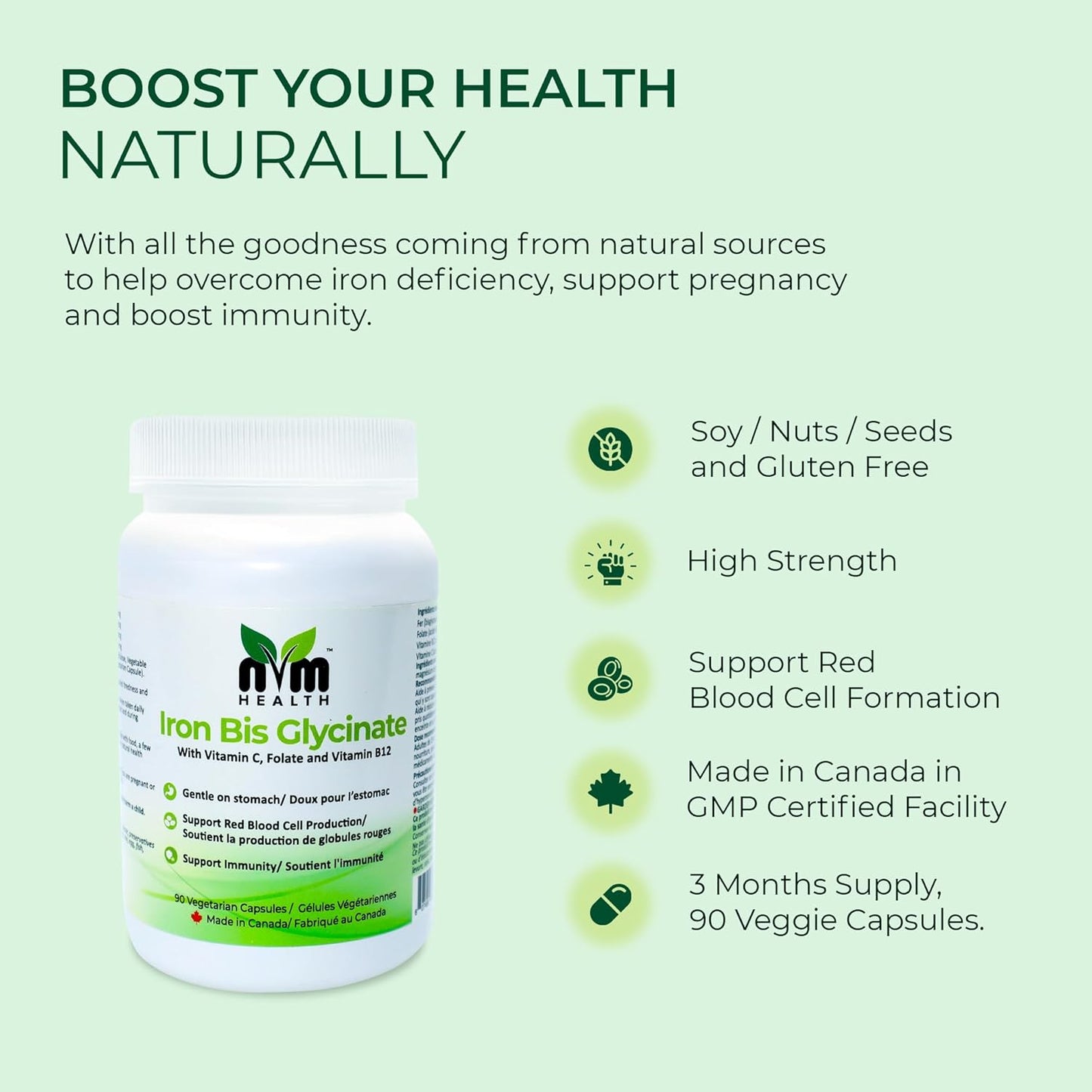 Gentle Iron Supplement with Vitamin C, B12, Folic Acid - Supports Red Blood Cells & Immunity - 90 Vegetarian Capsules