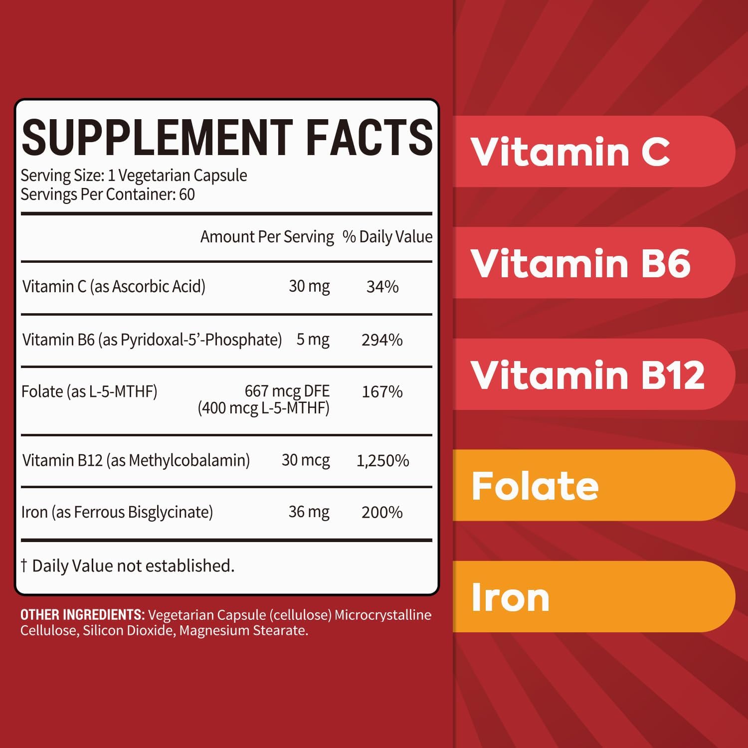 Gentle Iron Supplement with Vitamin C, Folate, B6 & B12 - Non-Constipating Iron Pills for Women & Men - 60 Vegan Capsules