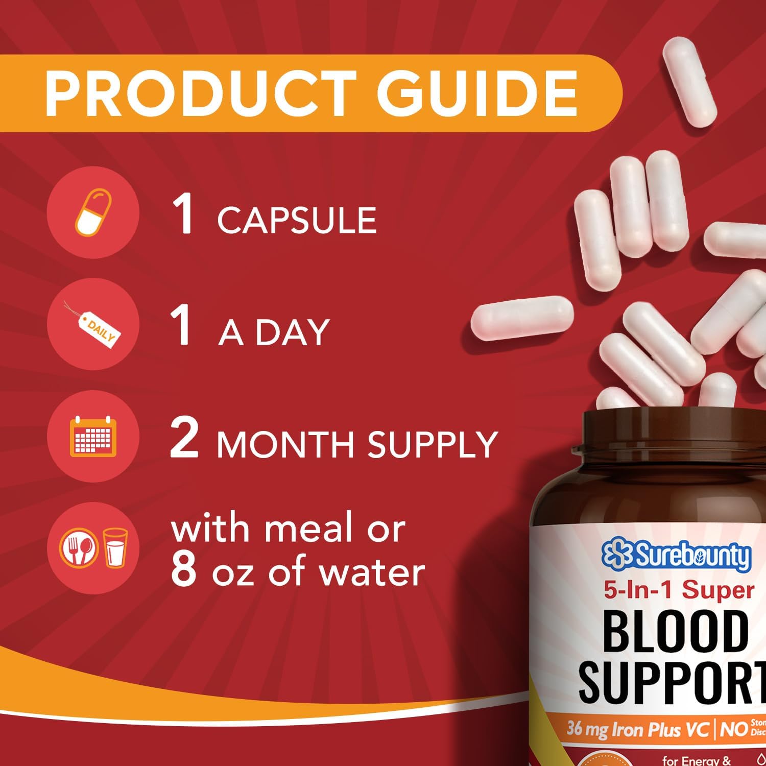 Gentle Iron Supplement with Vitamin C, Folate, B6 & B12 - Non-Constipating Iron Pills for Women & Men - 60 Vegan Capsules