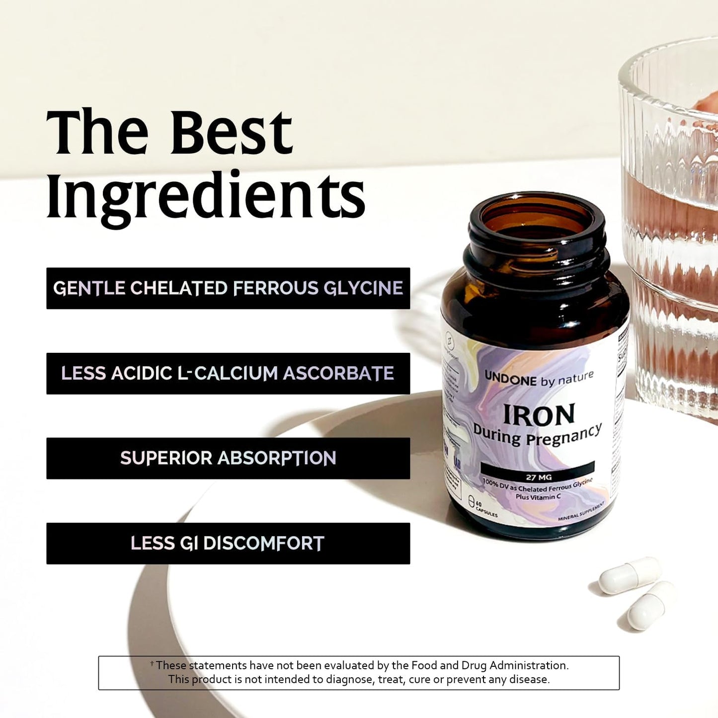 Gentle Iron Supplement with Vitamin C for Pregnancy, 100% Daily Value, Blood Builder, Vegan Capsules - Undone by Nature