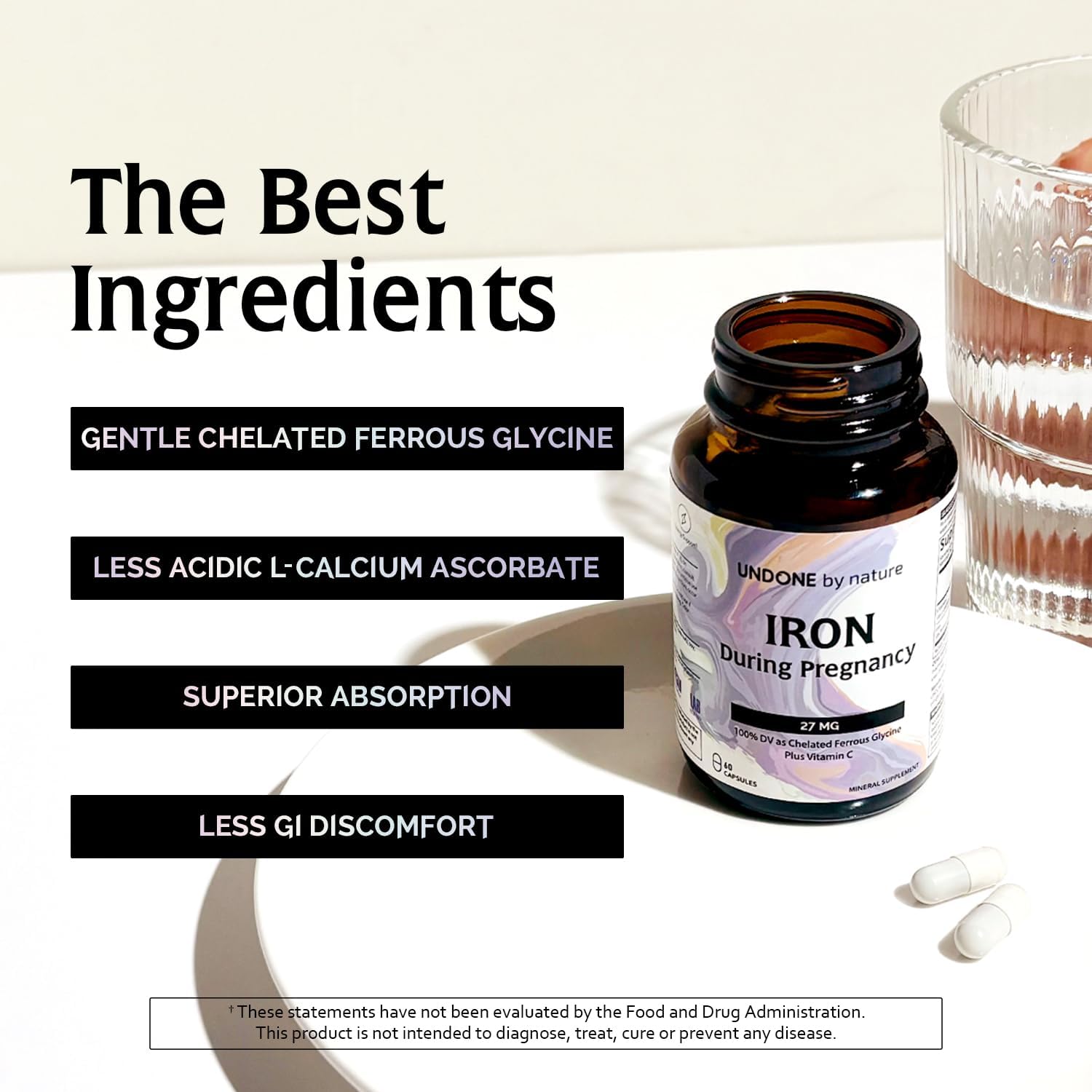 Gentle Iron Supplement with Vitamin C for Pregnancy, 100% Daily Value, Blood Builder, Vegan Capsules - Undone by Nature