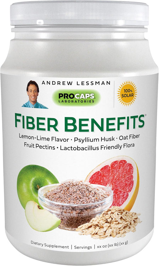Gentle Lemon-Lime Fiber Powder with Psyllium Husk, Oat, Apple, Grapefruit, Guar Gum, Probiotics - 60 Servings, Natural Soluble/Insoluble Fiber for Regularity and Cleansing