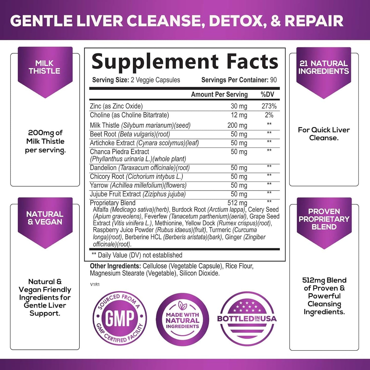 Gentle Liver Cleanse Detox & Repair Supplement with Milk Thistle, Artichoke, Dandelion - 180 Capsules