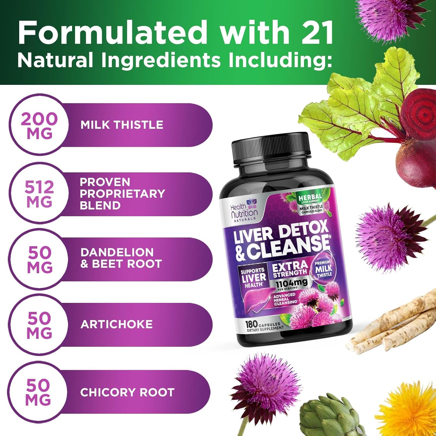 Gentle Liver Cleanse Detox & Repair Supplement with Milk Thistle, Artichoke, Dandelion - 180 Capsules