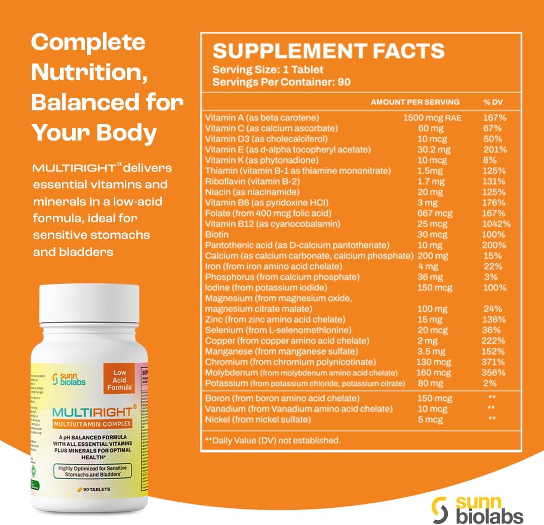 Gentle Multivitamin for Sensitive Stomachs and Bladders - Sunn Biolabs Multiright - 90 Tablets