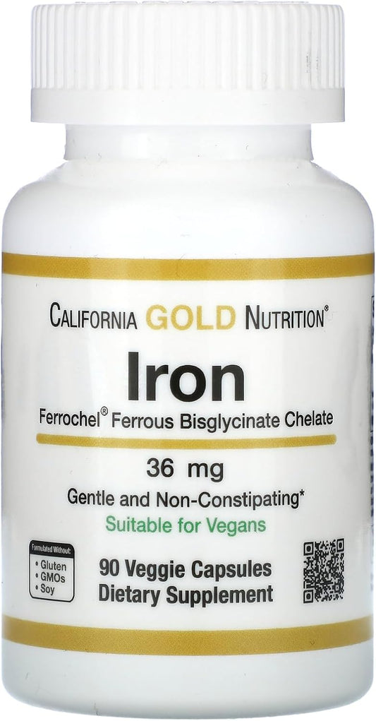 Gentle on the Stomach Iron Supplement 36mg, 90 Veg Capsules, Ferrochel Ferrous Bisglycinate Chelate by California Gold Nutrition
